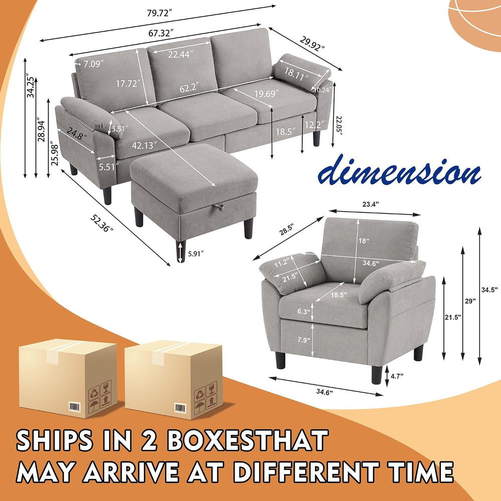 3 Piece Convertible Sectional Sofa Set, Modern Linen Small L Shaped Couch wit...