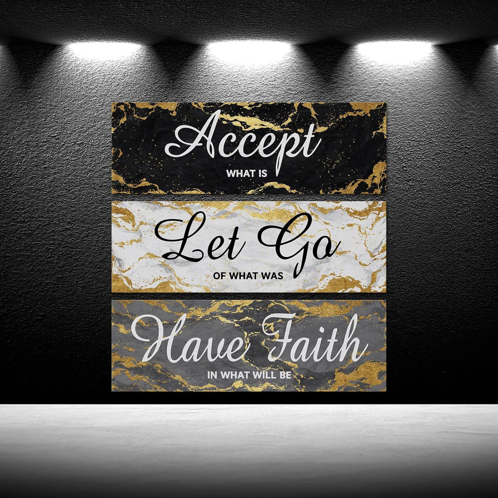 iKNOW FOTO 3 Pieces Black Grey and Gold Wall Art Accept Let Go Have Faith Bed...