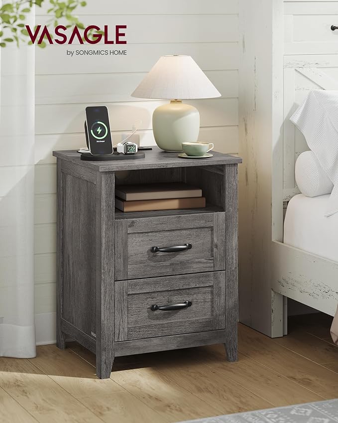 VASAGLE LIRY Collection - Farmhouse Nightstand with Charging Station, Bedside Table, Side Table with 2 Drawers, Open Compartment, for Bedroom, Misty Gray ULET669G01