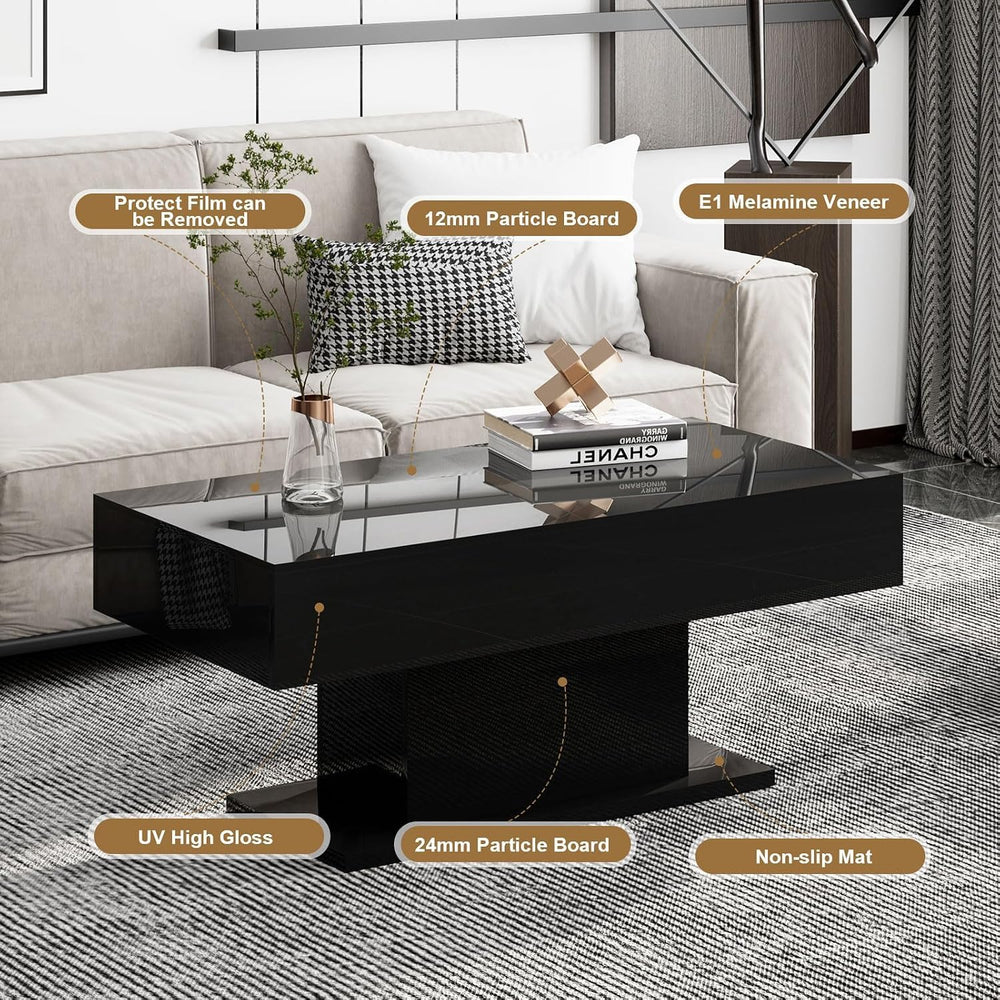 HedoAjim Black Led Coffee Table for Living Room, Rectangular Center Table