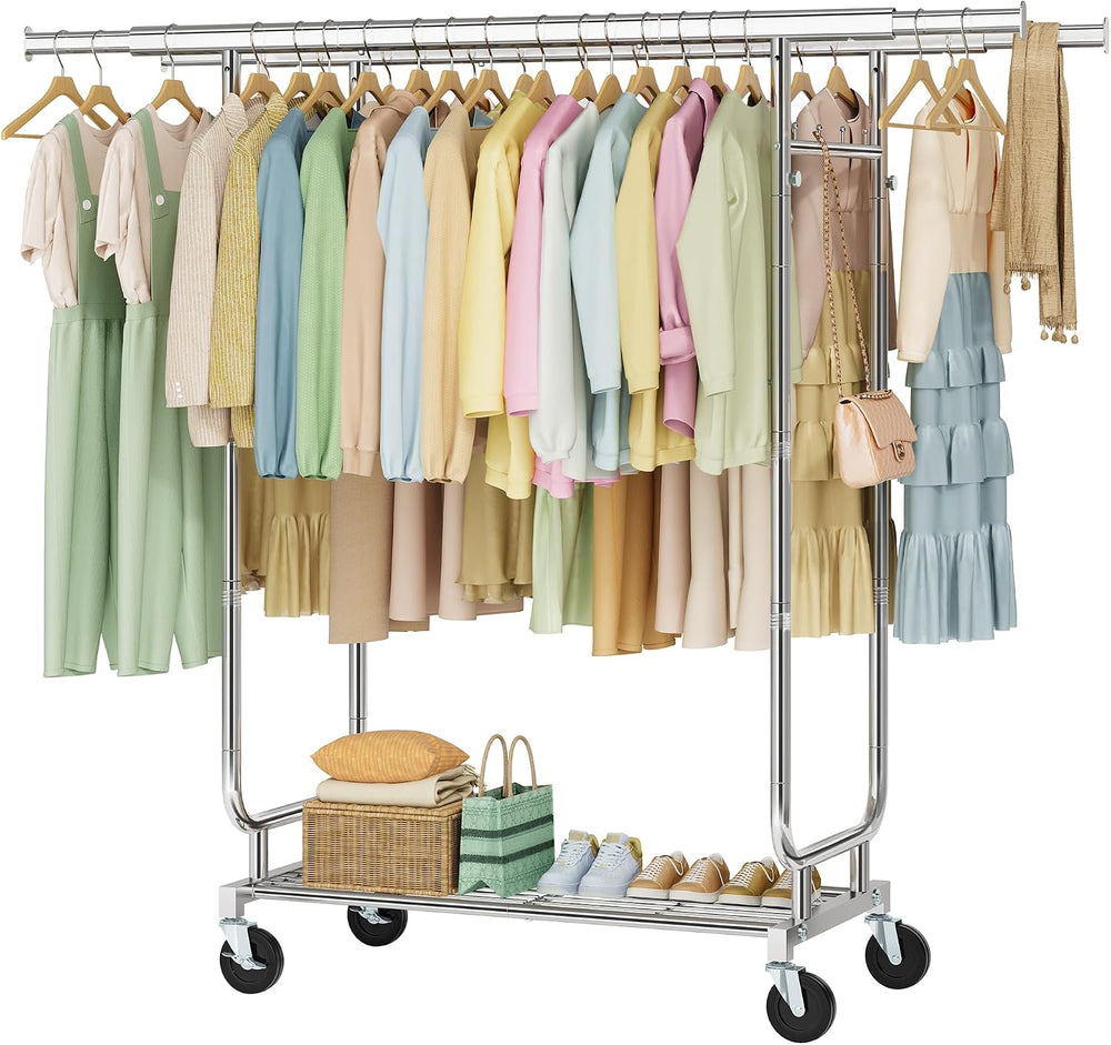 Heavy Duty Rolling Clothes Rack, 620 LBS Load Double Rod Adjustable Garment R...