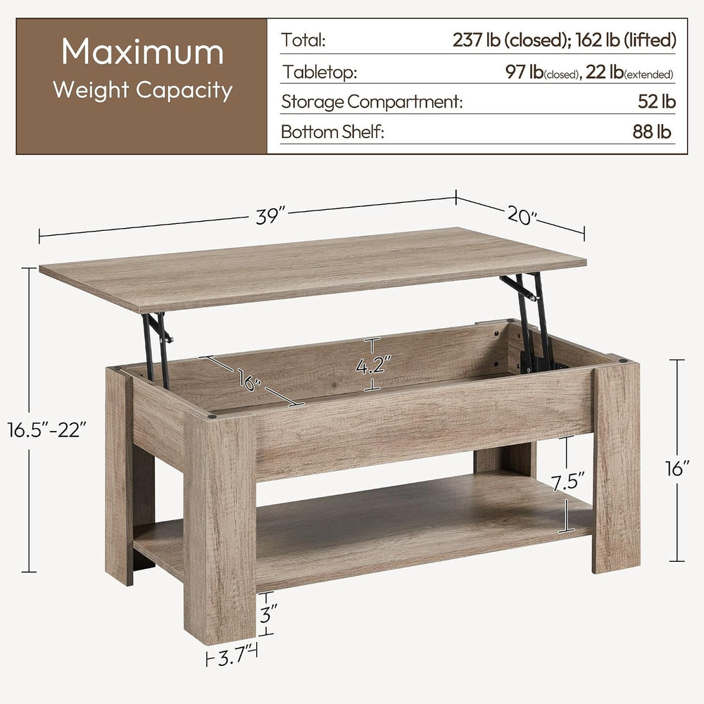 Yaheetech Lift Top Coffee Table with Hidden Storage & Shelf, Gray, 38.6&q...
