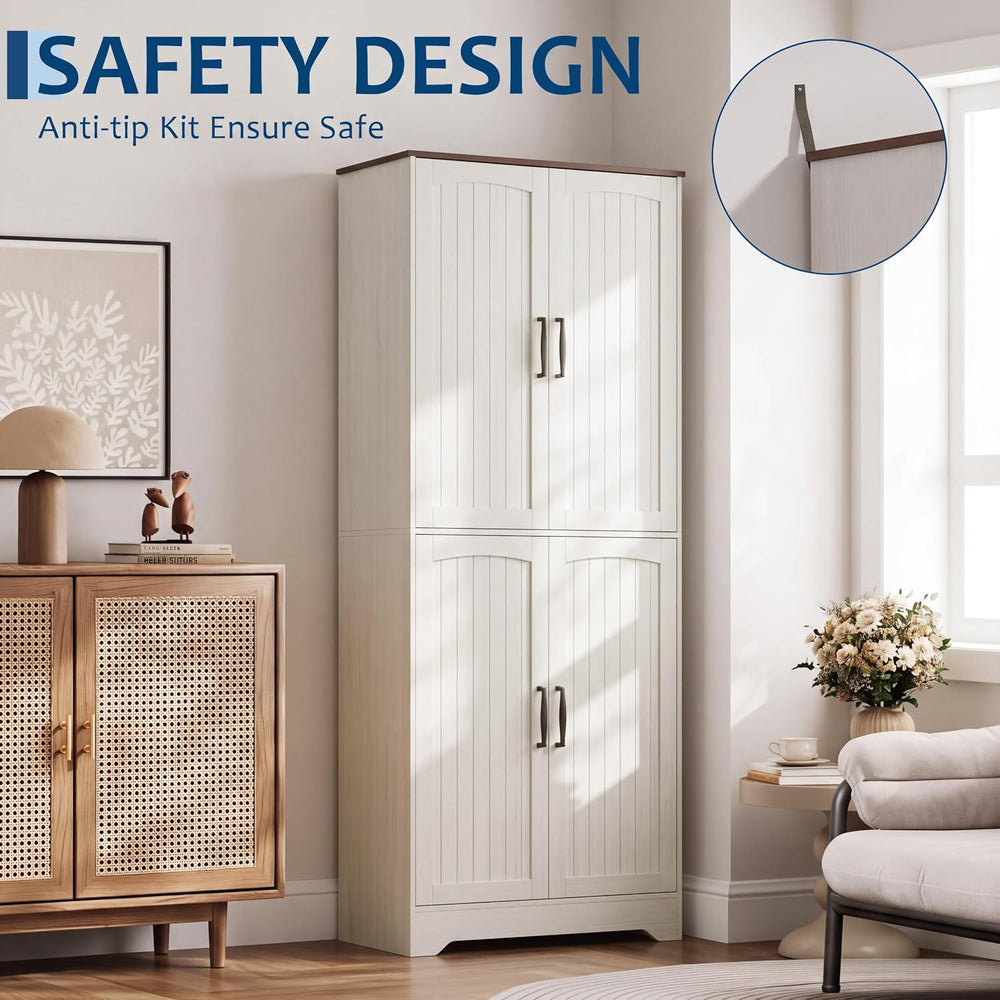 71" Farmhouse Pantry Cabinet with 4 Doors, Adjustable Shelves