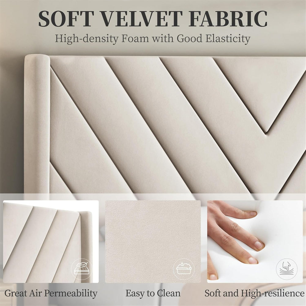 Yaheetech Queen Bed Frame with Chevron Channel-Tufted Headboard, Beige