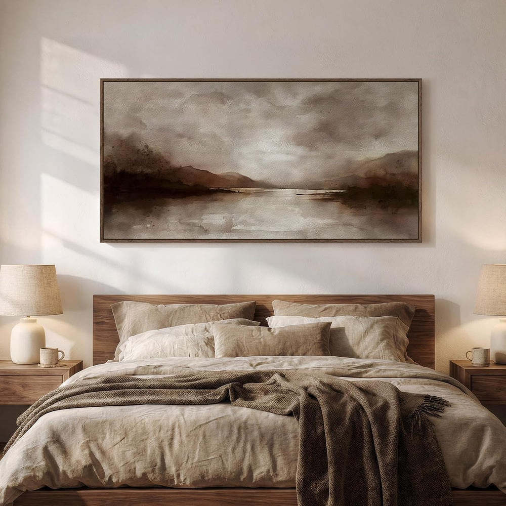 Large Framed Rustic Brown Abstract Landscape Wall Art, Horizontal 30x60 In