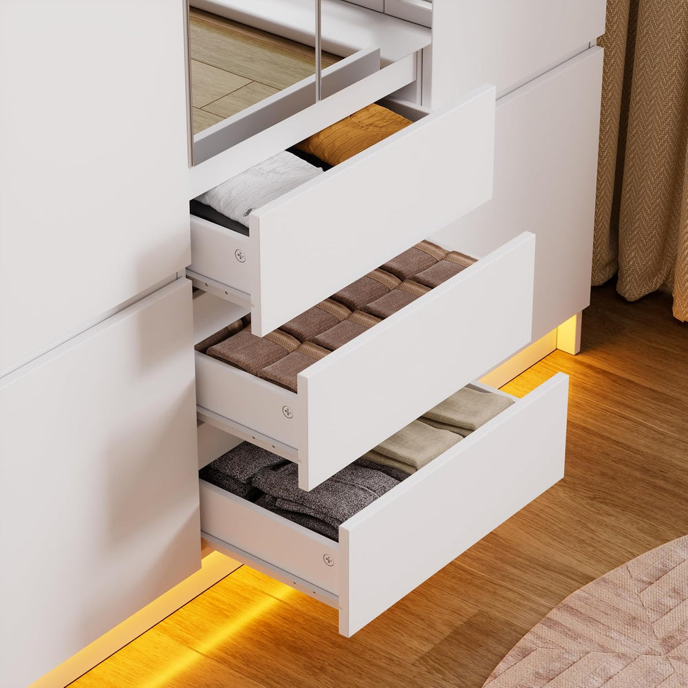 PAKASEPT 4 Doors Armoire Wardrobe Closet with Led Light & Mirror, Bedroom...