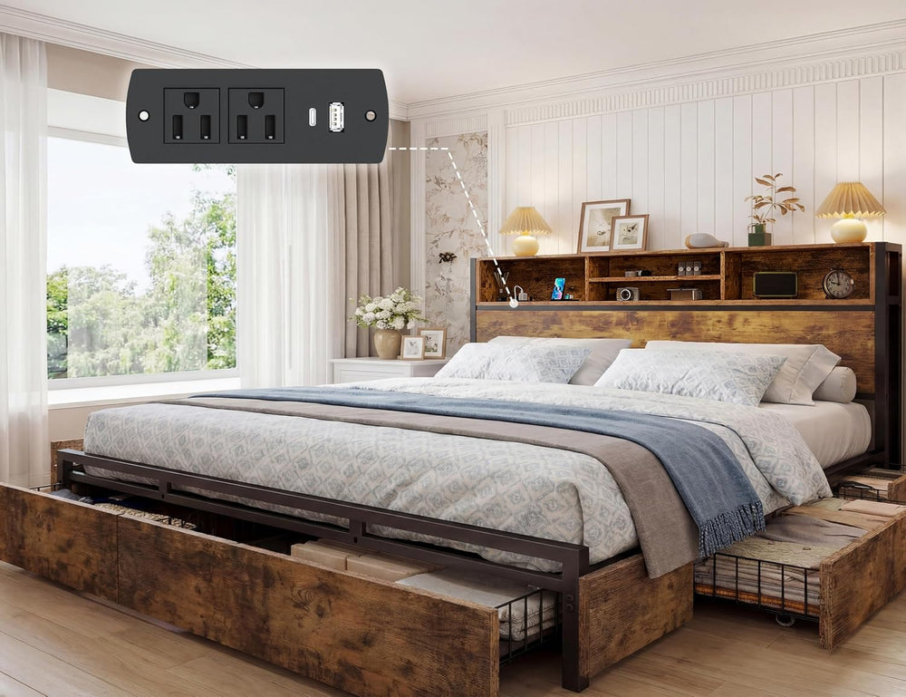 EnHomee King Bed Frame with 6 Storage Drawers, Charge Station,Noise-Free