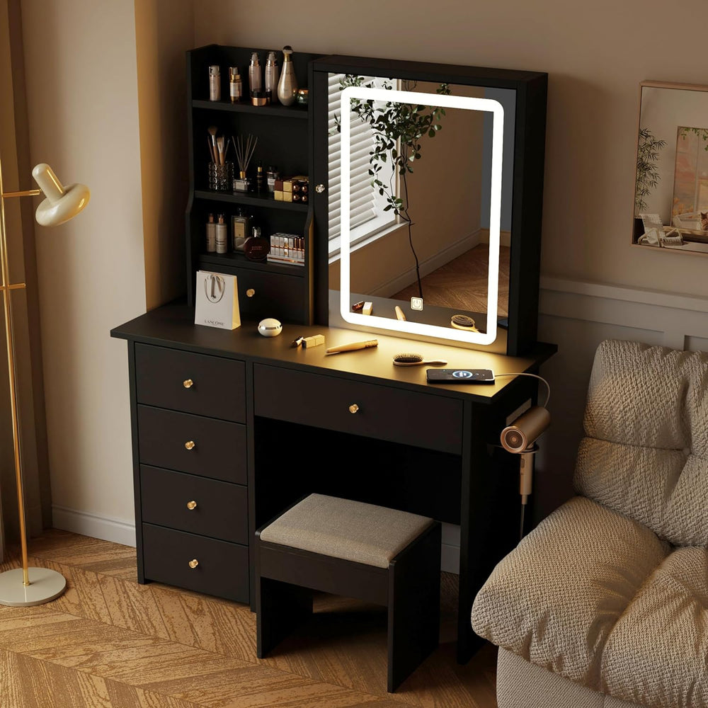 Vanity Desk with Mirror and LED Lights, Makeup Vanity Set with Power Outlet f...