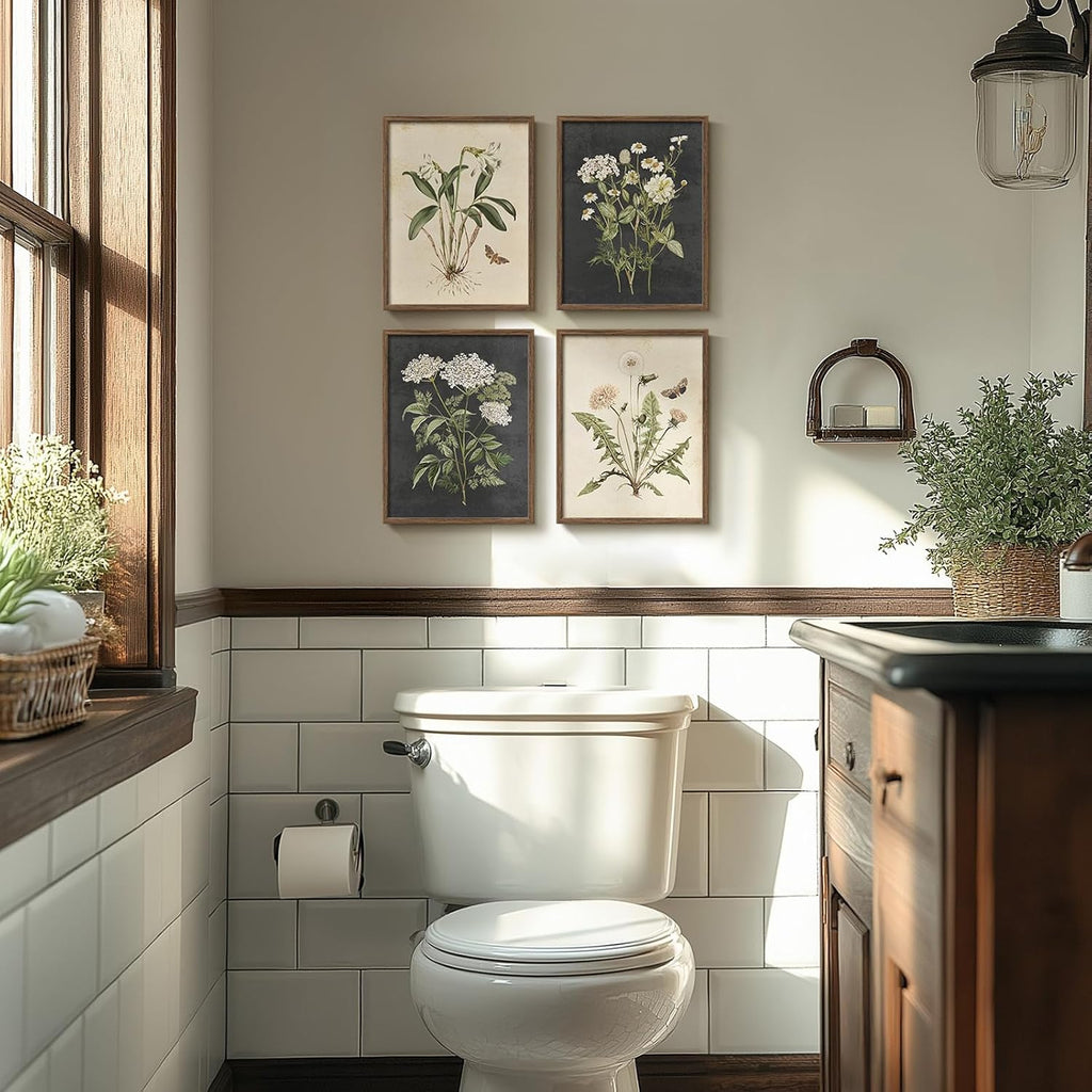 Framed Vintage Botanical Floral Wall Art for Bathroom, 4 Piece 8x10 In