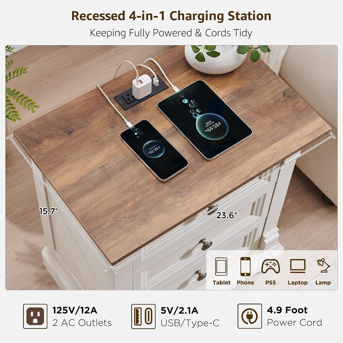 Farmhouse 26" Tall Nightstand with Charging Station 23.6"W Wood Side Table