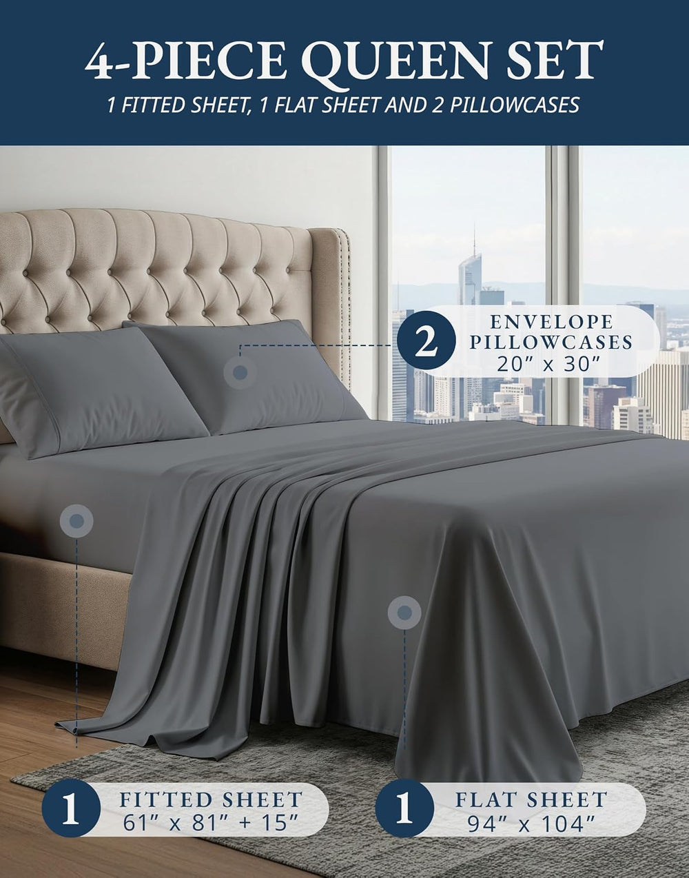 LANE LINEN Queen Sheet Set 100% Egyptian Cotton Sateen - Charcoal