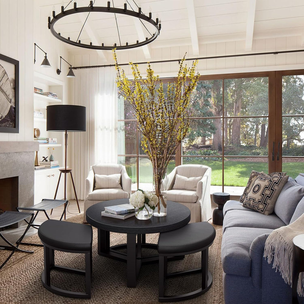 Round Coffee Table with Stools Underneath - 30 Inch Small Modern Tables Set w...