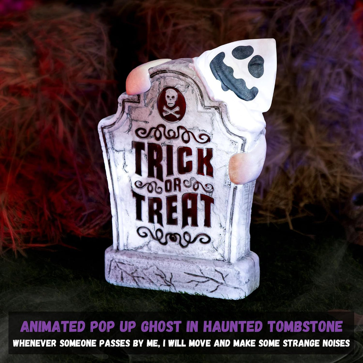 ELAMAS Halloween Decorations Animatronic Tombstone with Pop-Up Ghost, Sound & Motion Sensor Activated Haunted Graveyard Prop, Trick or Treat Cemetery Yard Sign for Indoor Outdoor Halloween Decor
