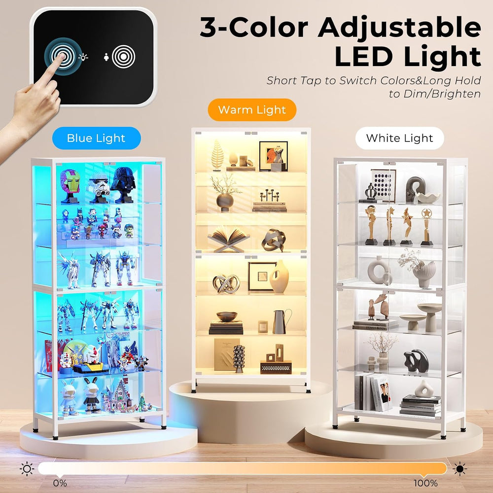 71.2" 6-Tier Display Cabinet with Glass Doors for Collectibles, White