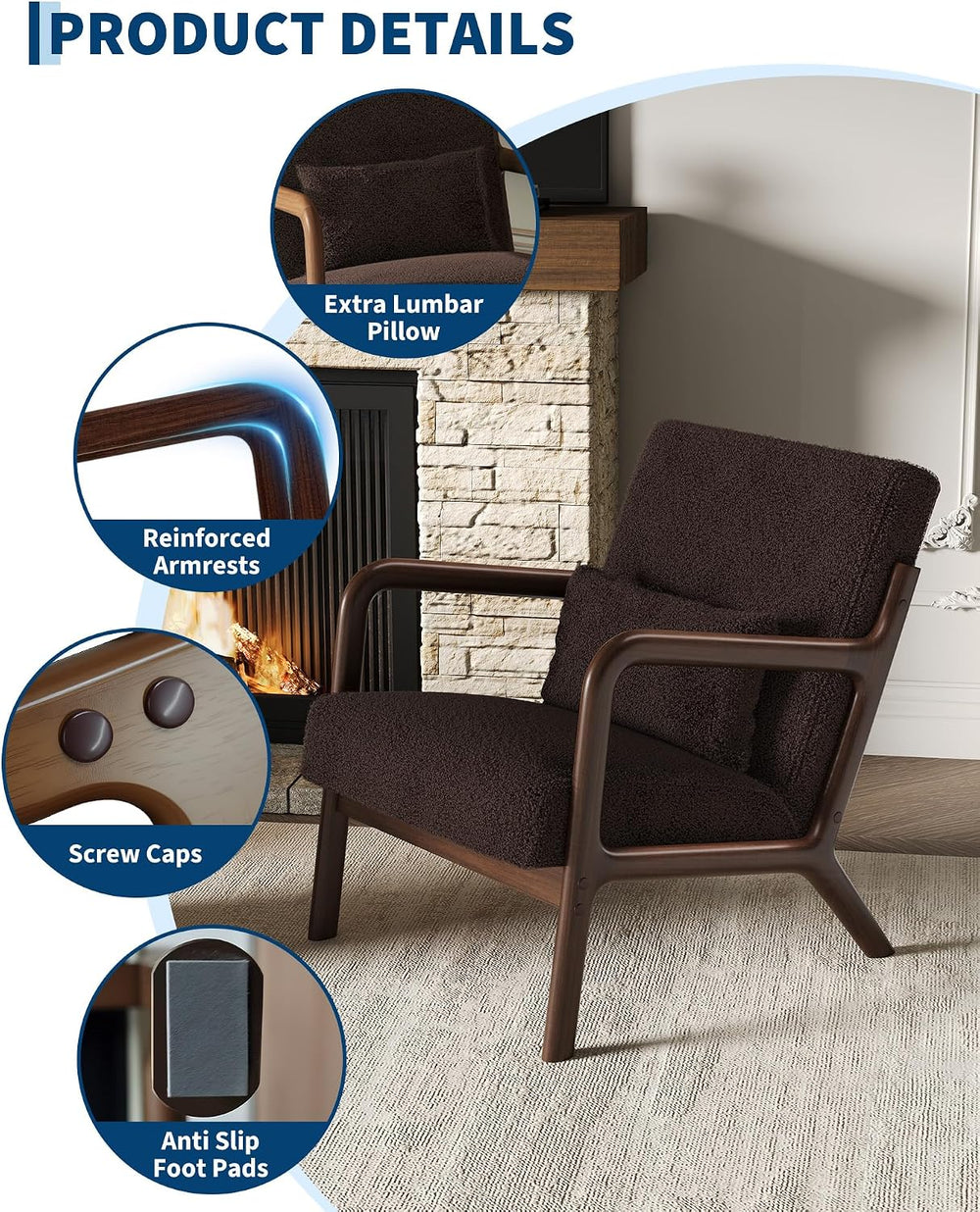 Garvee Mid Century Accent Chair, Upholstered Armchair with Lumbar Pillow