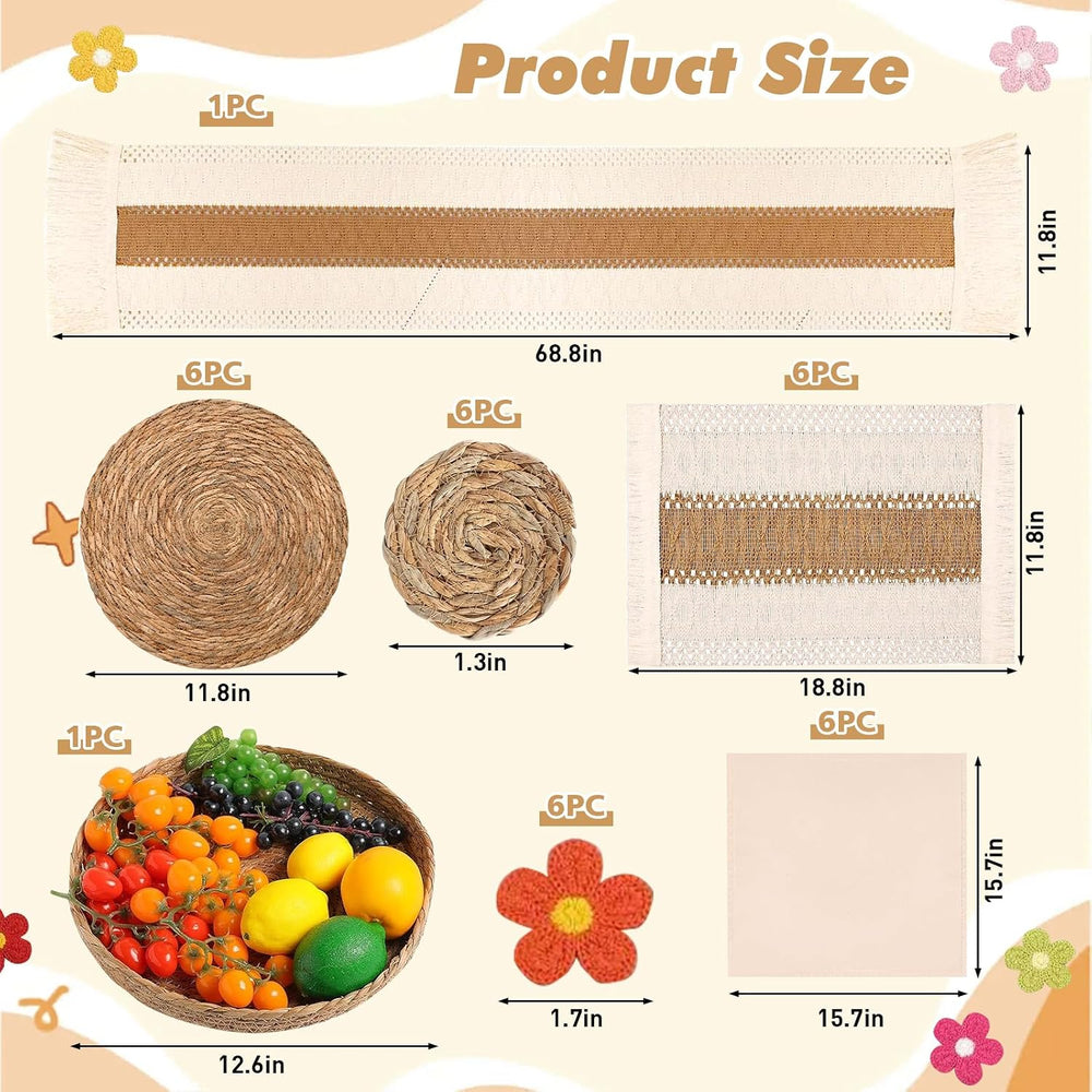 Boho Placemats Set of 6, 32-Piece Table Decor, Farmhouse Rustic Style