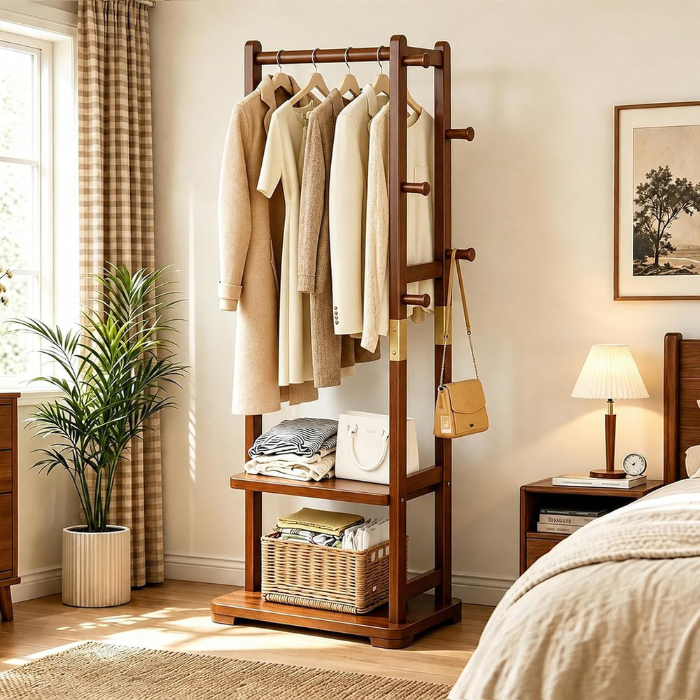 Taitiy Coat Rack Solid Wood Hall Tree Storage 2 Shelves 5 Hooks