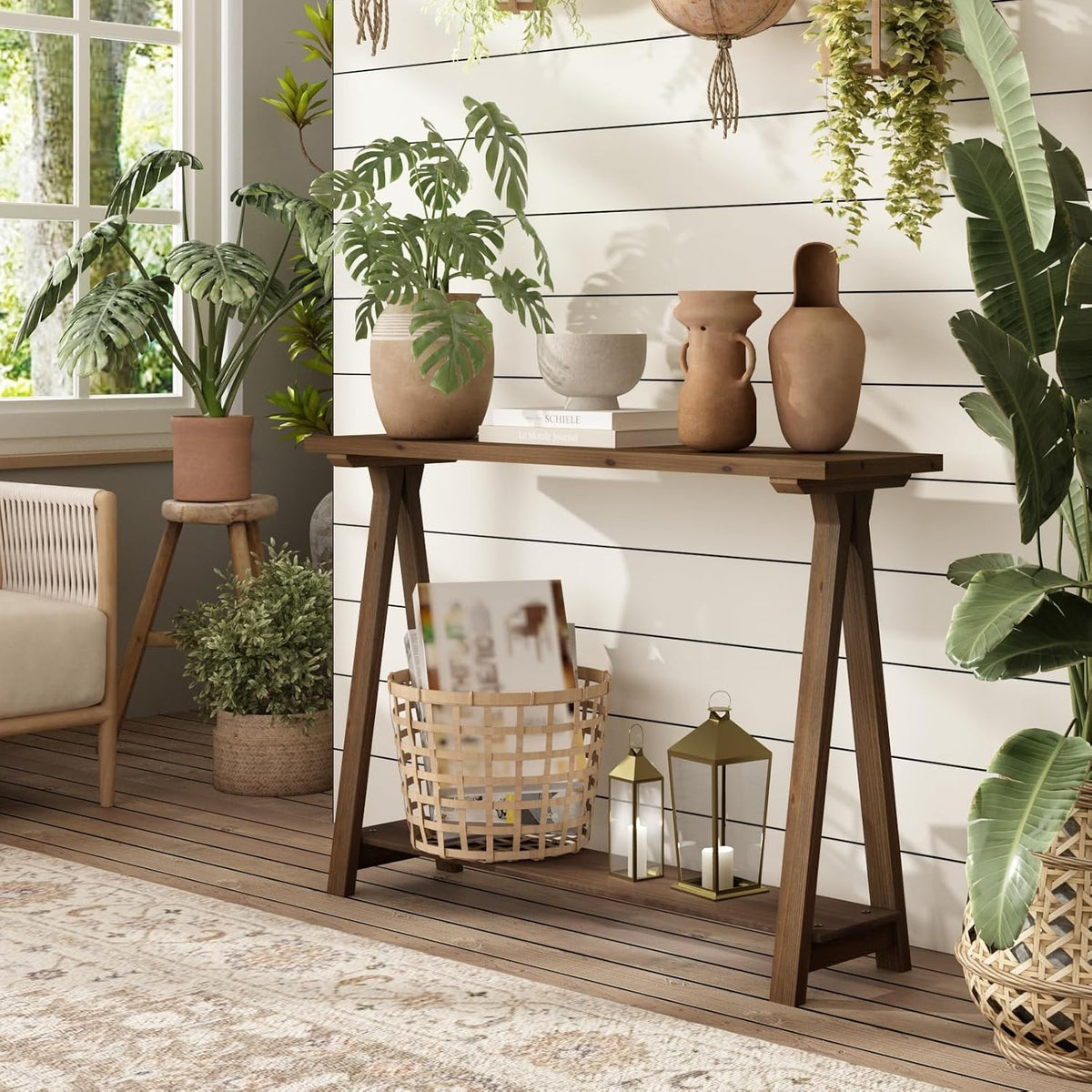 43" Solid Wood Farmhouse Console Table for Living Room, Natural