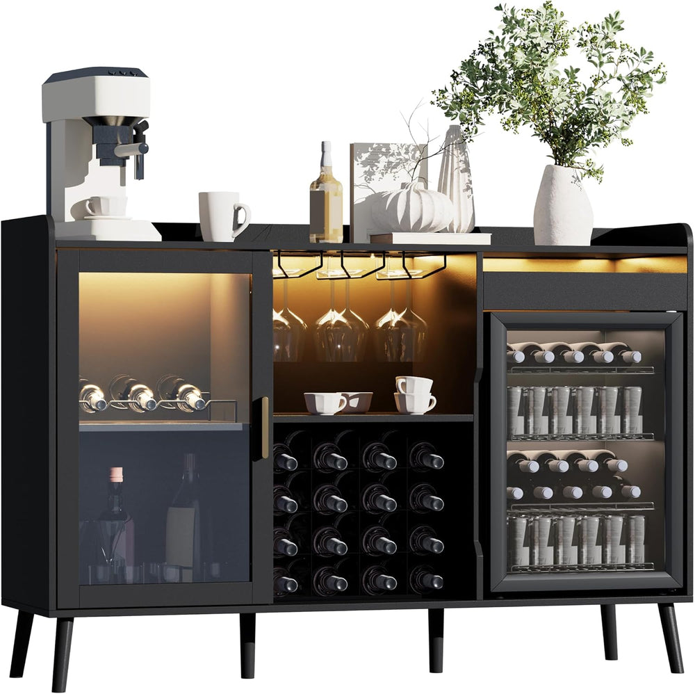 Coffee Bar Cabinet with Fridge Space, Black Wine Cabinets with Power Outlet