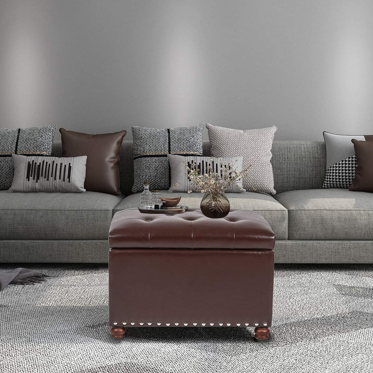 Adeco Button Tufted Accents Rectangular PU Leather Storage Bench Ottoman Footstool for Living Room Bedroom