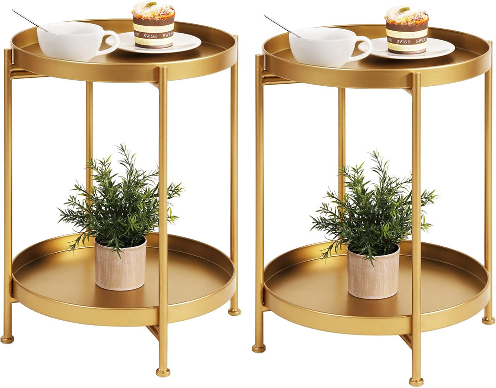 Tiita Gold Round End Tables, 2 Pack, 2-Tier Metal Side Tables, Nightstands