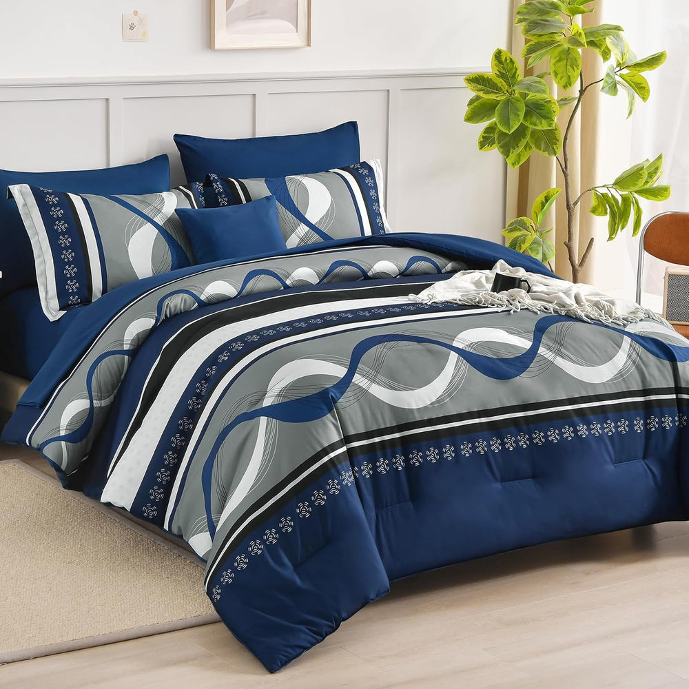 Anibedding King Size Comforter Set,Navy Blue Boho Bed in a Bag