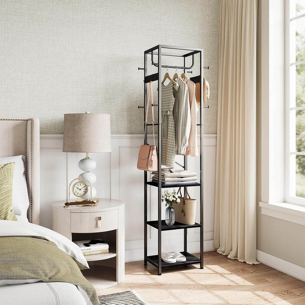 ELYKEN Coat Rack Freestanding, Hall Tree with 3 Shelves and 12 Hooks, Black