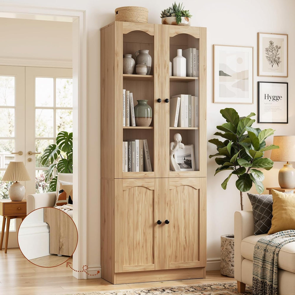 Cyclysio 80"H Bookcase with Arched Glass Door, Adjustable Shelf,Natural Oak