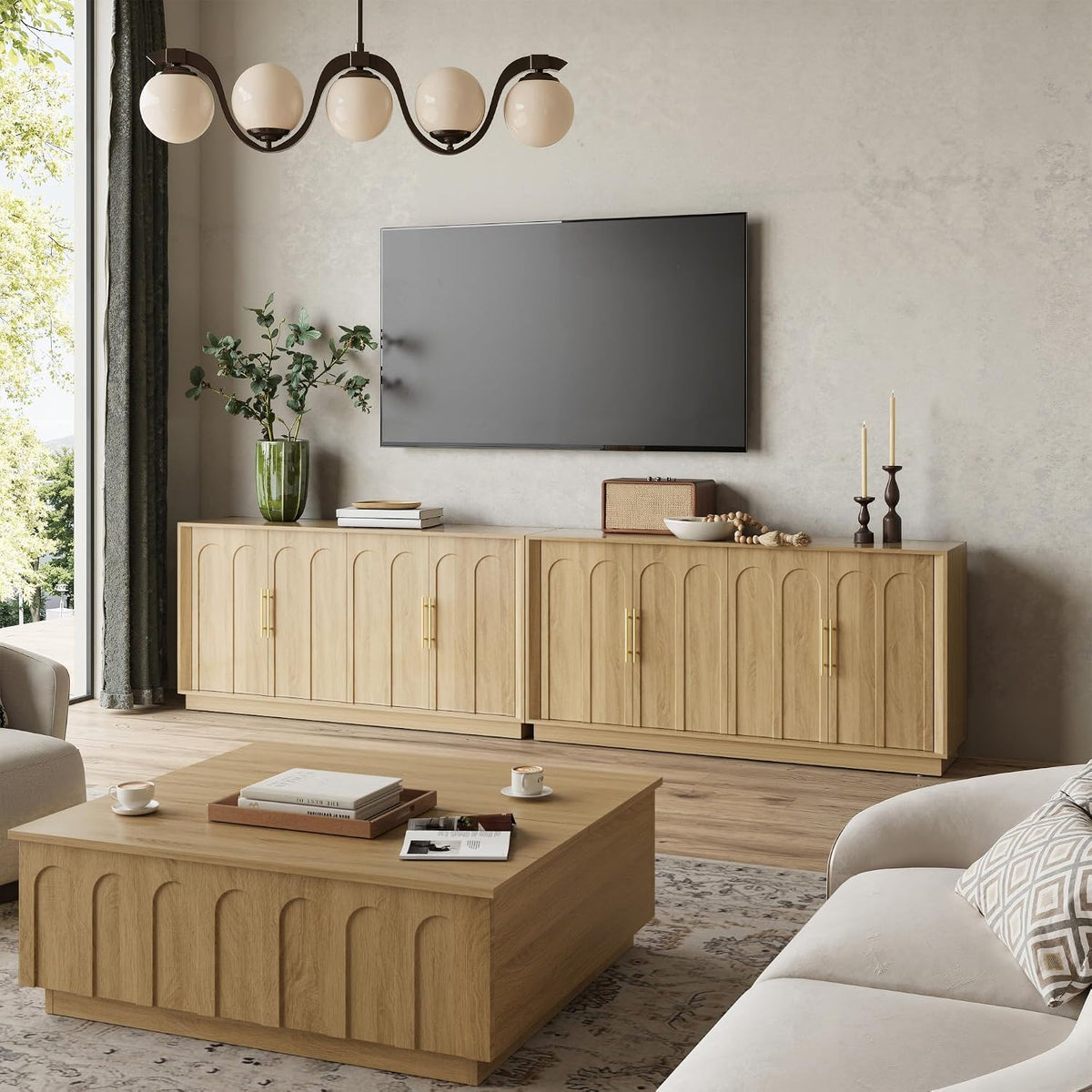 FORTUNETEC 67" Sideboard Buffet Cabinet with Storage, Arched Doors, Oak