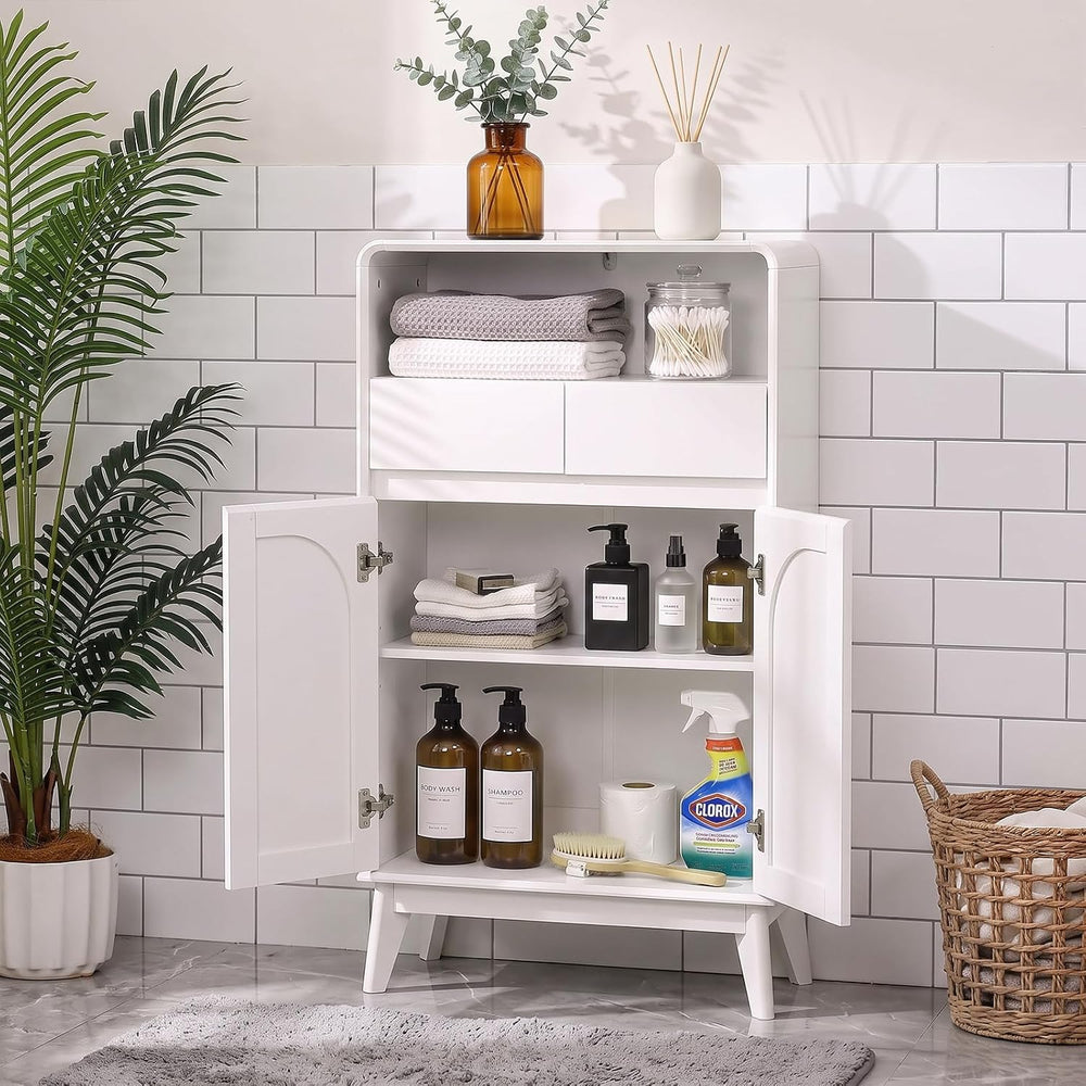 45" Tall Bathroom Storage Cabinet, White Oak, Arched Doors