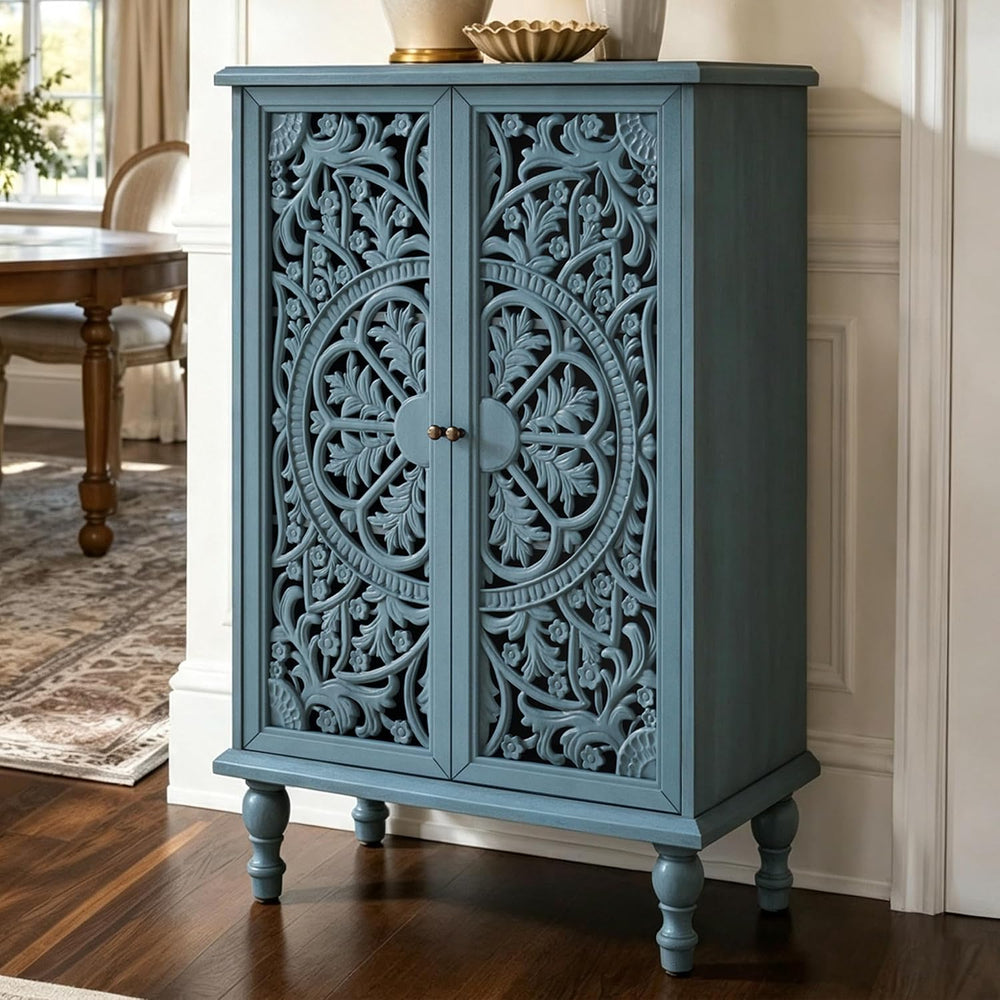 47" Tall Accent Cabinet Vintage Storage Cabinet with Doors Blue