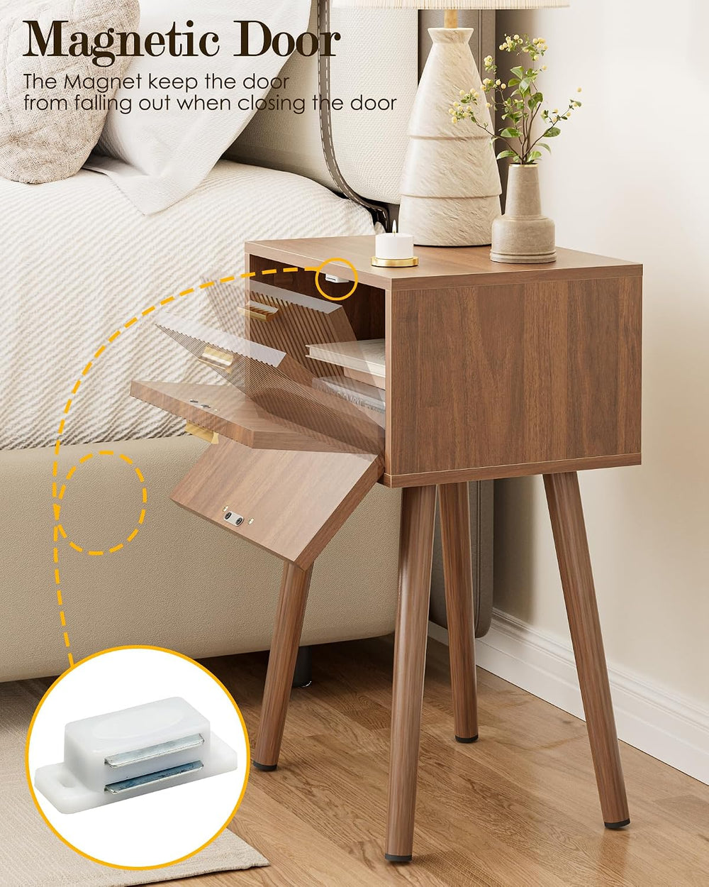 Night Stand Set 2, Modern Nightstand with Fluted Doors, Walnut
