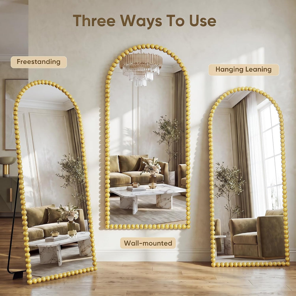Antok 71" x 28" Arched Full Length Mirror, Antique Beaded Frame Flo...