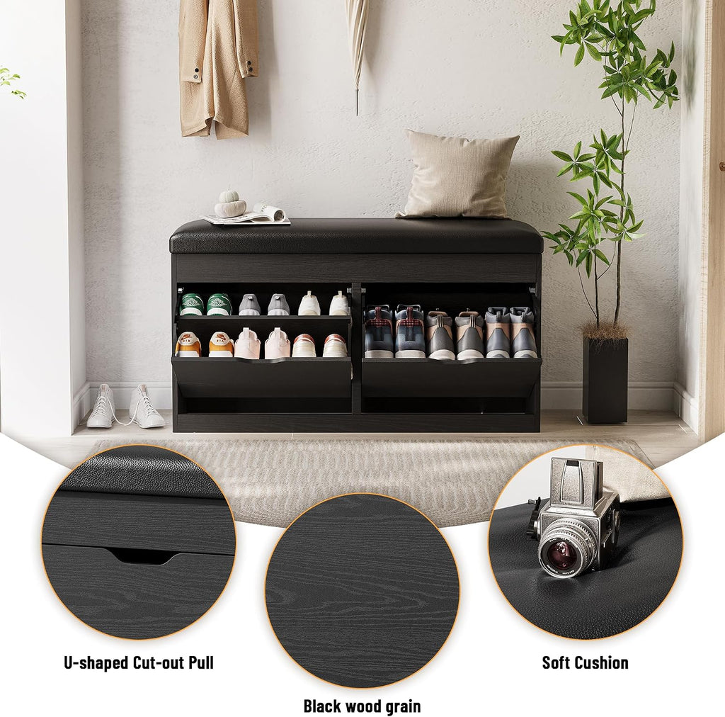 40" Shoe Storage Bench with Flip Drawers Padded Seat Cushion, Shoe Cabinet with Lift Top Storage Box, Shoe Bench Shoe Organizer for Entryway, Hallway, Living Room, Black