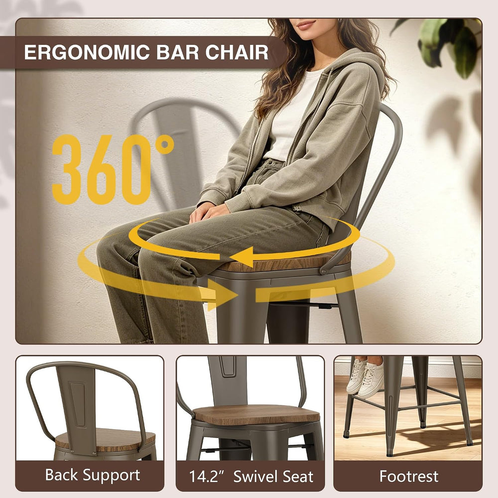 24" Swivel Bar Stools Set of 4, Metal Counter Height Chairs Rusty