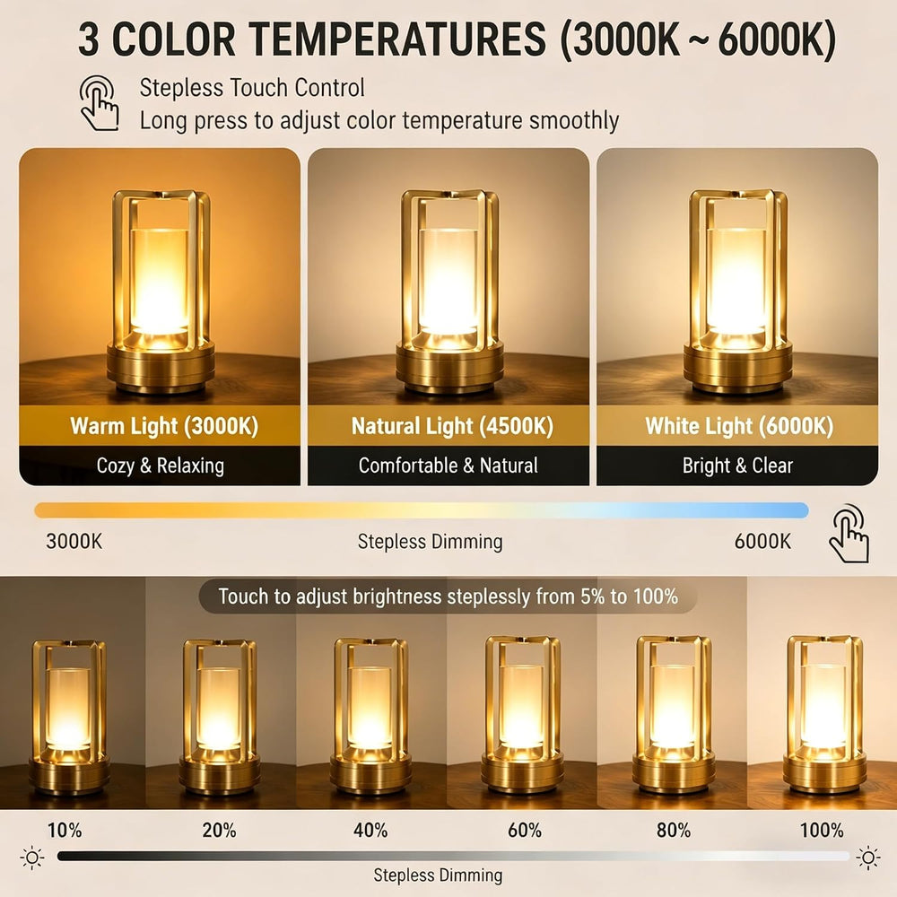 Rechargeable Crystal Table Lamp, 3-Color Touch LED, Gold