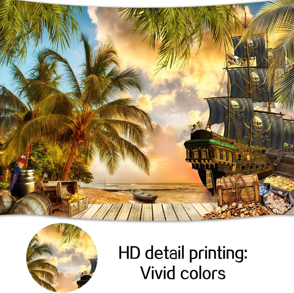 10X8ft Pirate Theme Photo Backdrop Photography Background, Pirate Ship Treasure Chest Map Gun Halloween Trunk or Treat Backdrops Photo Booth Prop Decorations Wall Decor Tablecloth