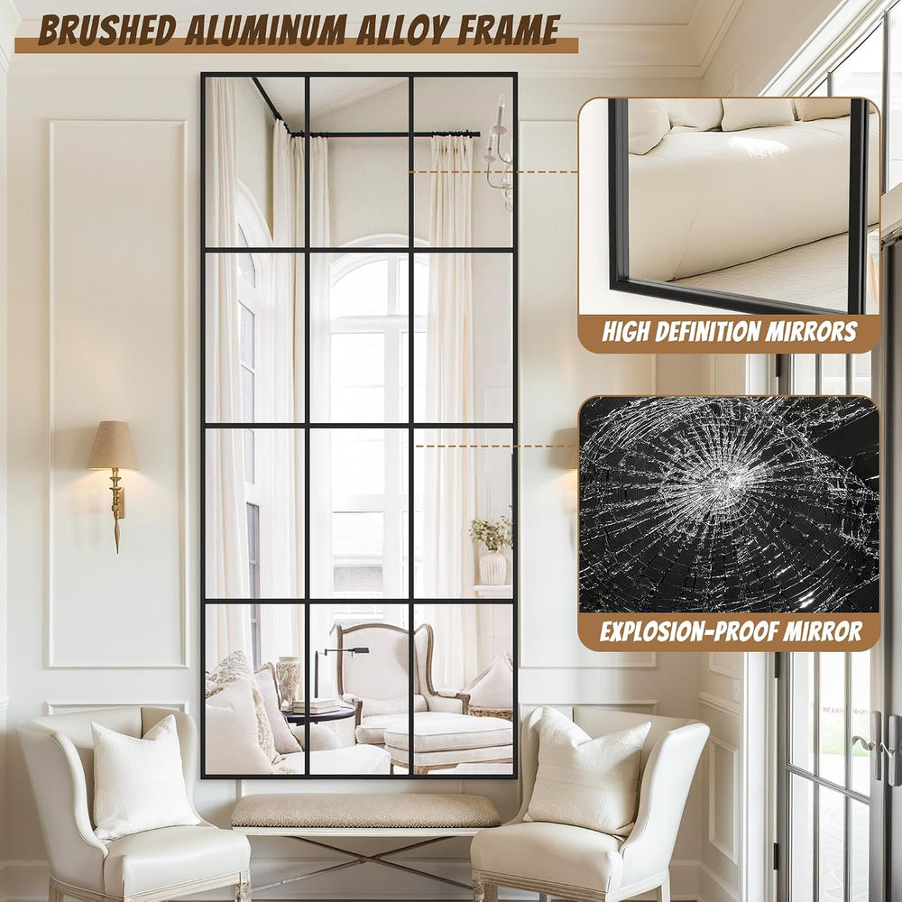 Antok Wall Mirror, 72" x 32" Window Pane Decorative Mirror, Metal F...