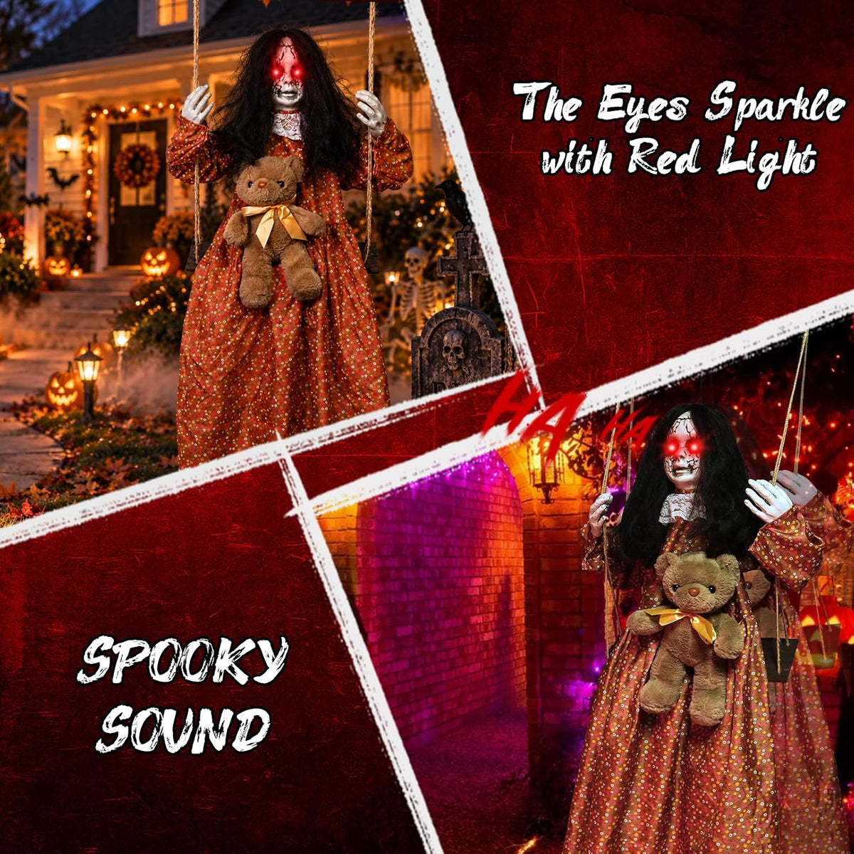 Scary Halloween Decorations Outdoor, Halloween Hanging Swinging Girl Ghots Decor with Creepy Sound and Light Up Eyes Sound, Creepy Props for Yard Trees Graveyard Haunted House Indoor Outside