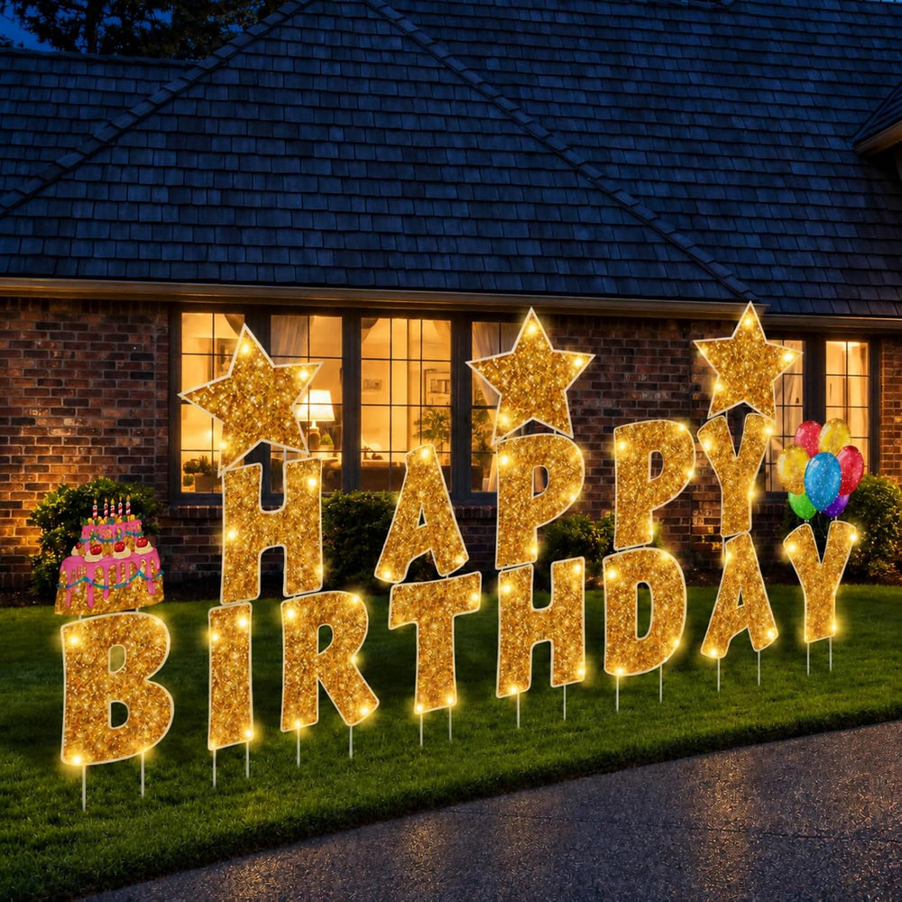 Jetec 18 Pcs Happy Birthday Yard Sign with Stakes and Light, Gold