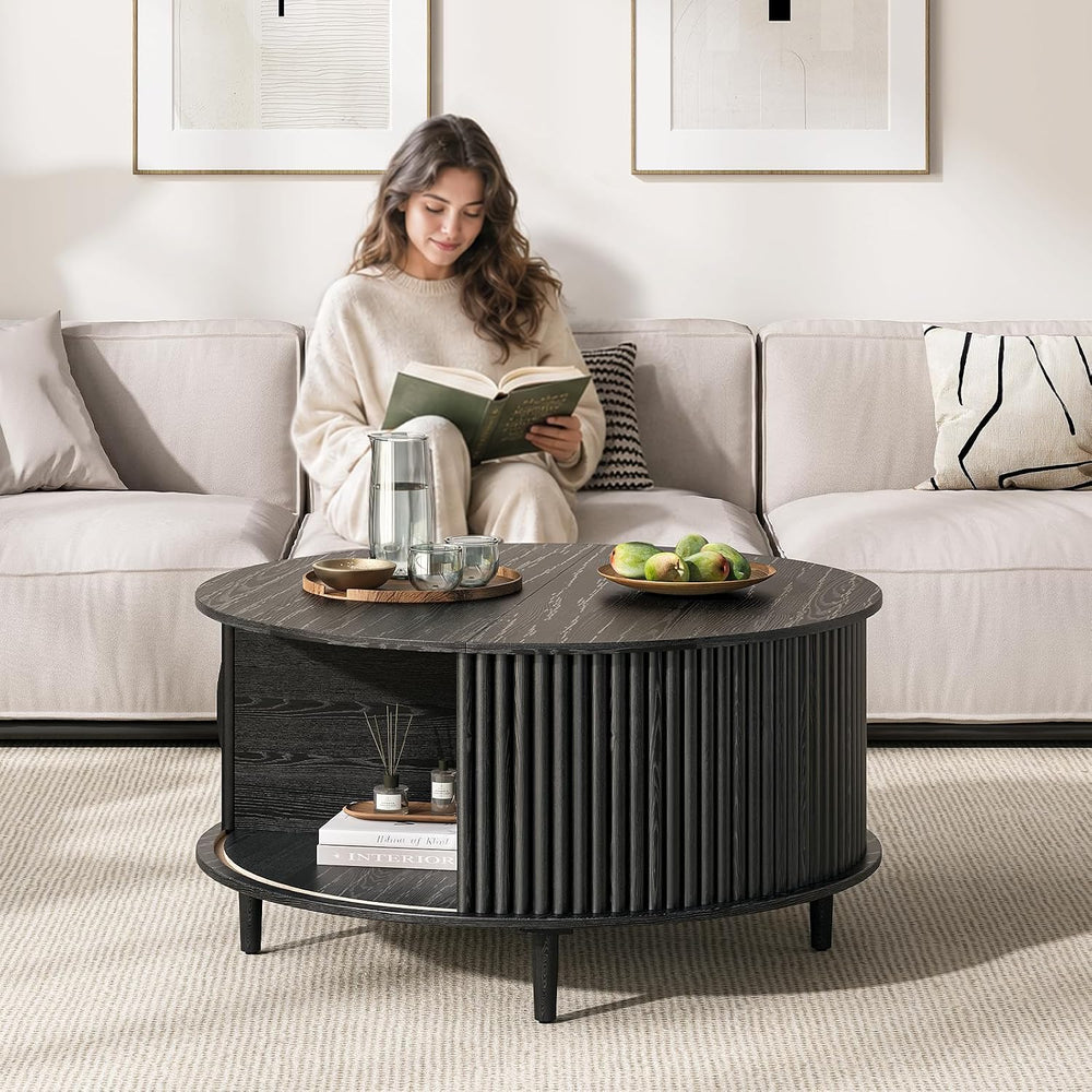 JOINICE 31.5" Round Coffee Table with Storage for Living Room, Black