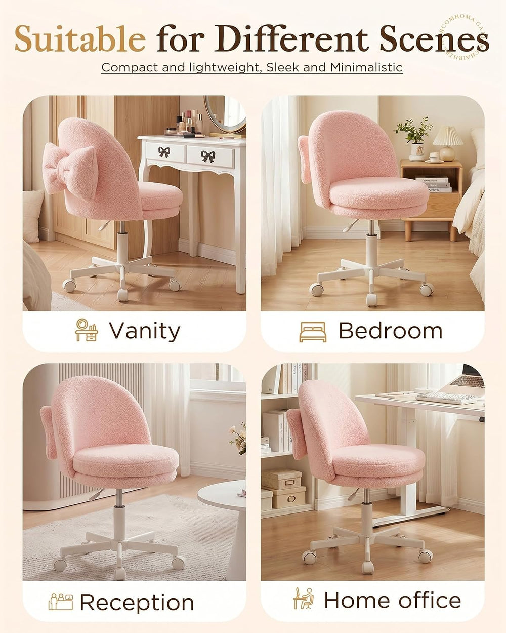 COMHOMA Vanity Chair with Wheels Velvet Tall Office Chair with Back,Armless D...