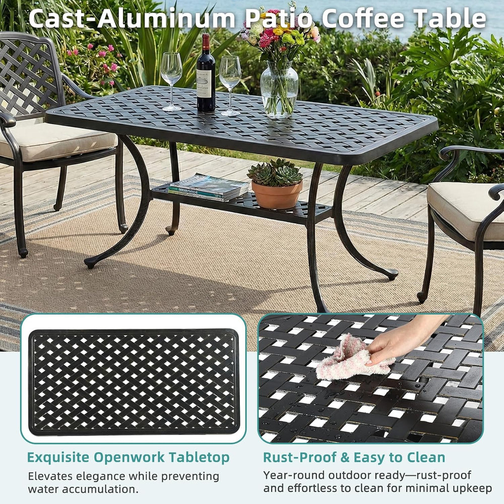 MEETWARM Outdoor Cast Aluminum Coffee Table, 42" Rectangle Patio Coffee ...