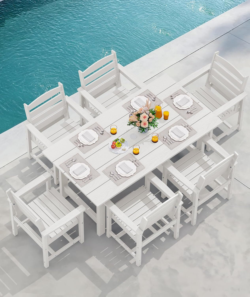 SERWALL Outdoor Dining Set, Patio Dining Set with Bench, White