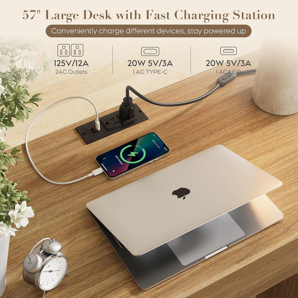 Yechen Executive Desk with 5 Drawers, 57" Modern Rattan Home Office Desk...