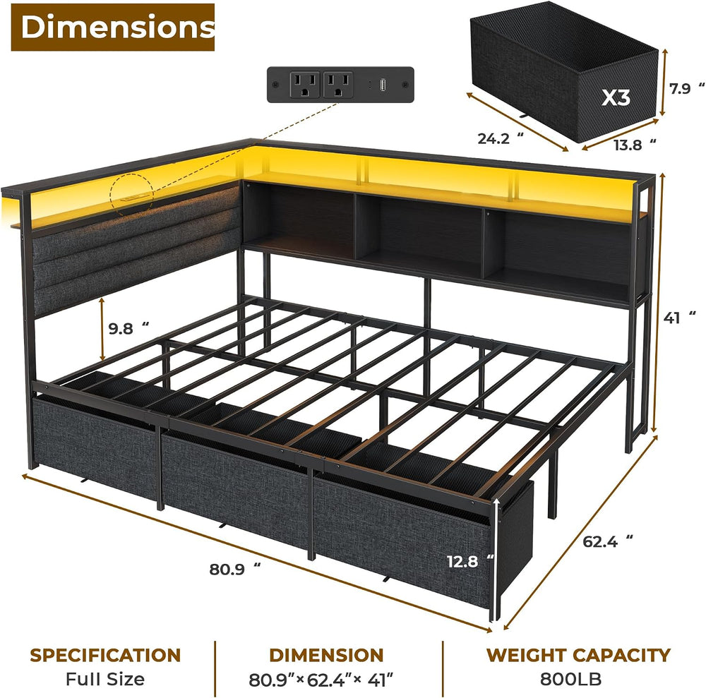 OURPIC Full Corner Bed Frame with 3 Storage Drawers, LED Lights & Charging