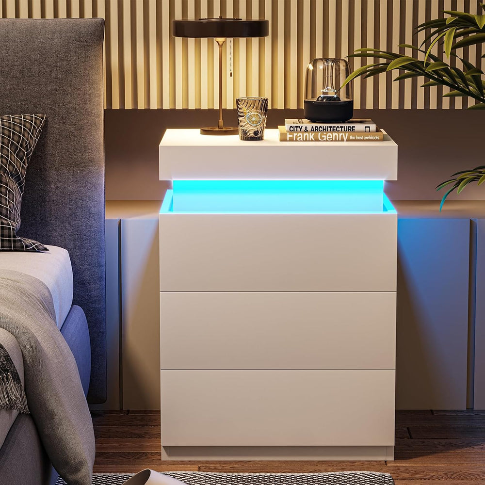 ADORNEVE White Nightstand with Charging Station and LED Lights