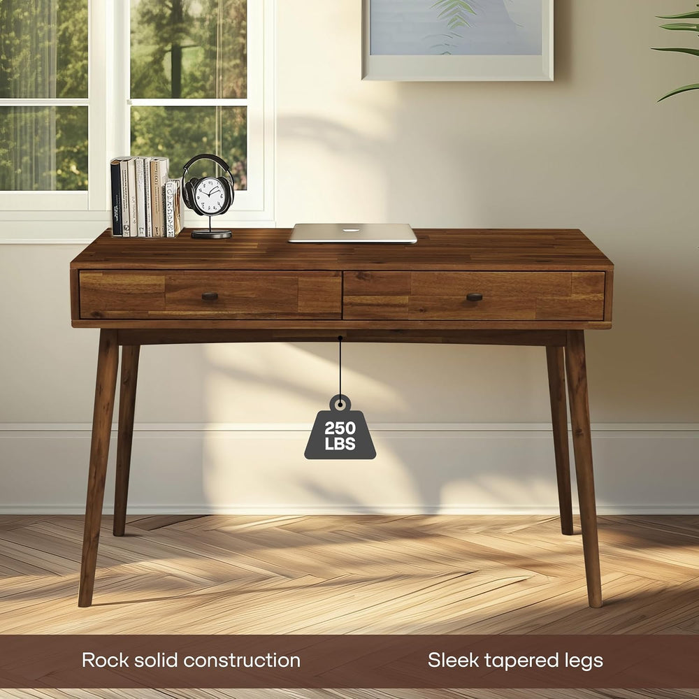 Acacia Lagom 48" Solid Wood Work Desk with Drawers, Home Office Desk Off...
