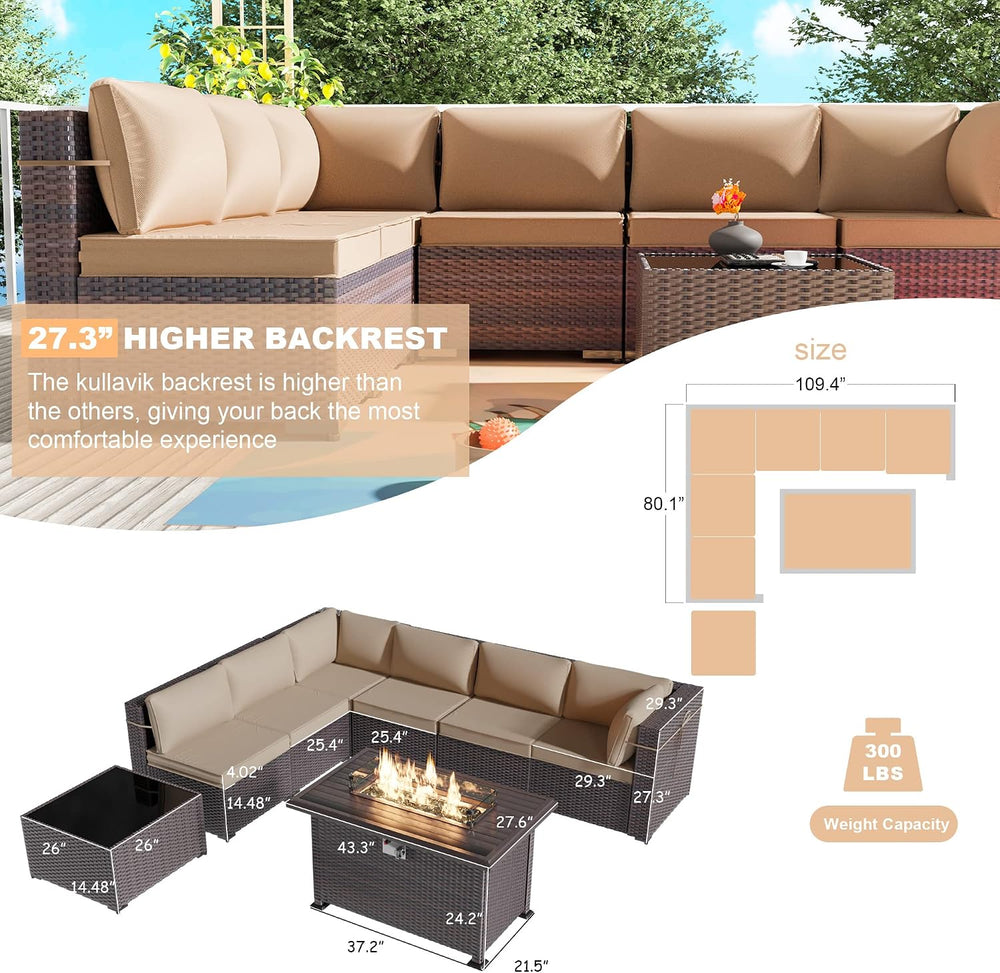 Kullavik 8 Piece Outdoor Wicker Patio Furniture Set with Fire Pit Table