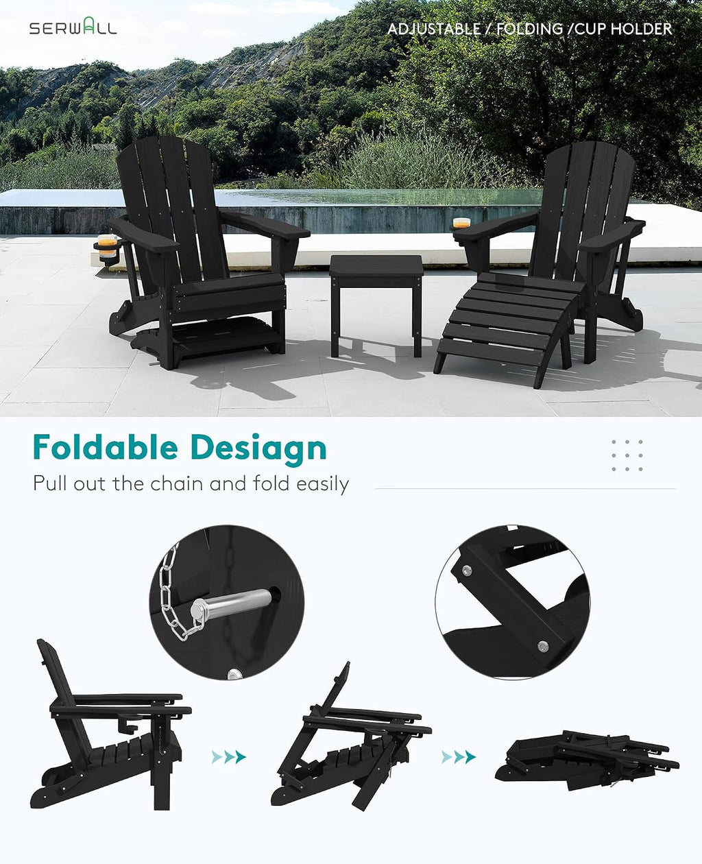 SERWALL 5-Piece HDPE Adirondack Chair and Ottoman and Table Set, Black
